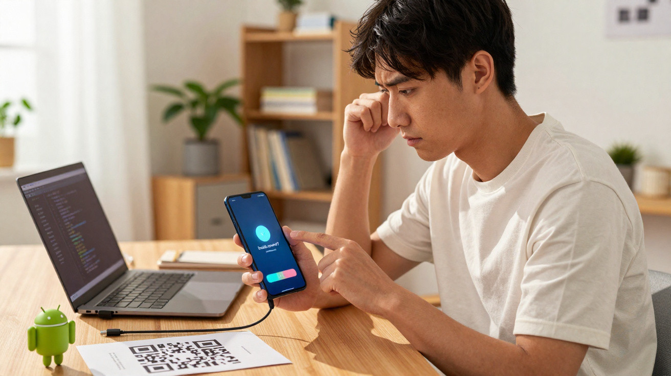 Homem sentado a usar telemóvel com ecrã de chamada num escritório com computador portátil e código QR na mesa.