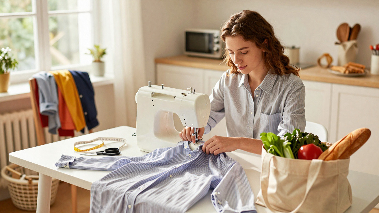 Mulher a costurar camisa azul com máquina de costura numa mesa numa cozinha iluminada.