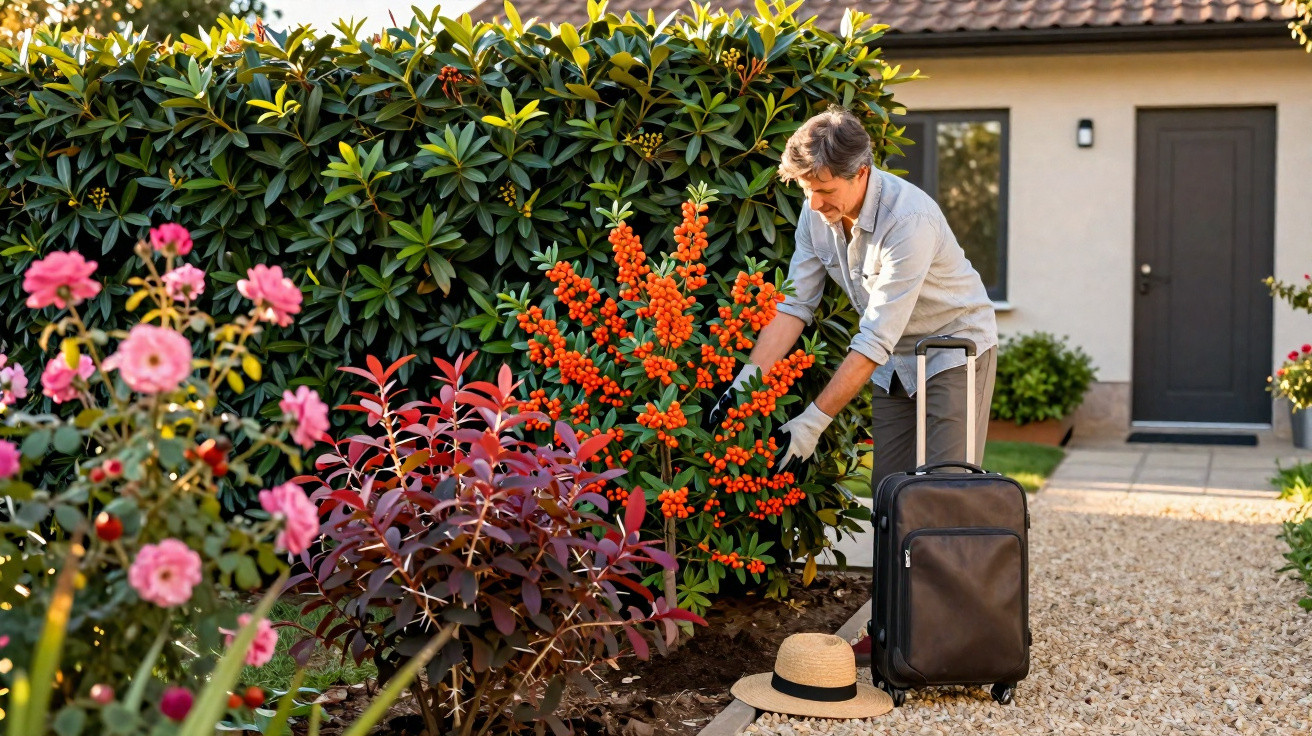 Homem a cuidar de plantas com bagagem e chapéu numa casa com jardim florescente.