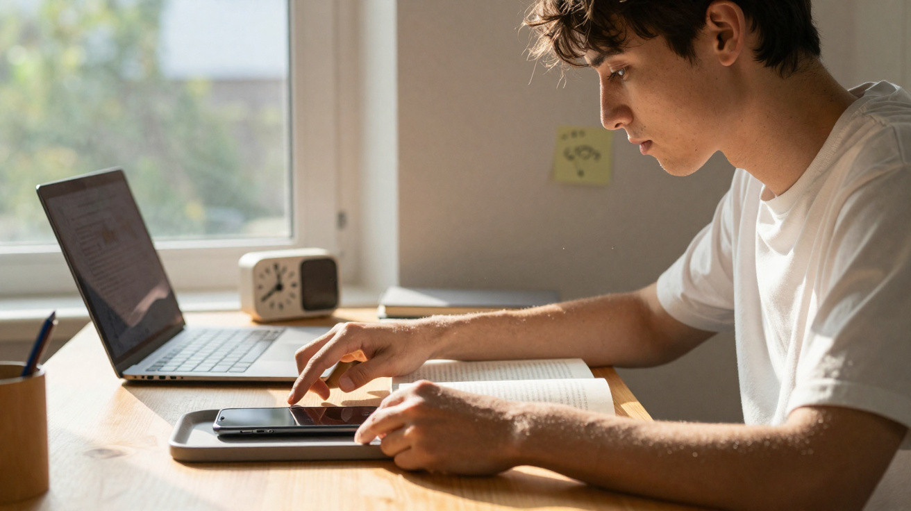 Jovem a estudar com portátil, telemóvel e caderno numa mesa iluminada por luz natural junto a uma janela.