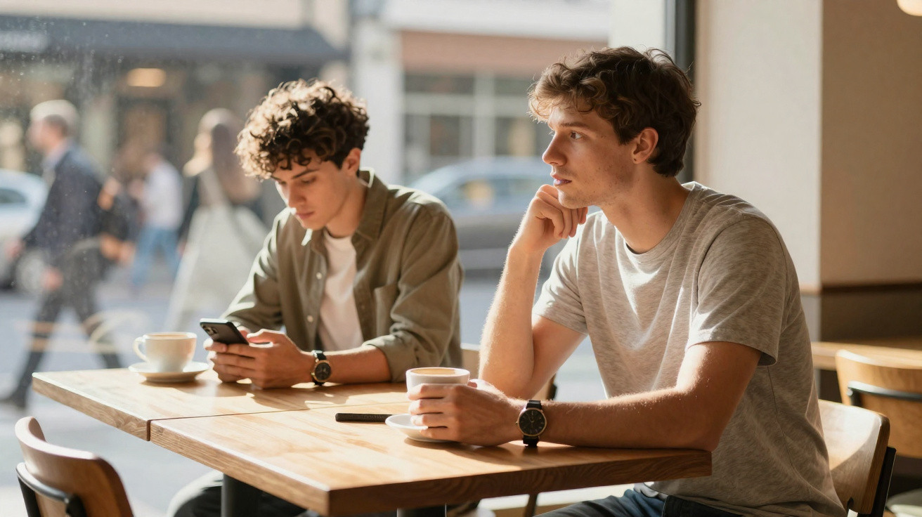 Dois jovens sentados em café, um a olhar para o telemóvel e outro a pensar com uma chávena na mão.