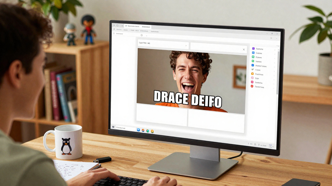 Pessoa sentada a olhar para o ecrã do computador com uma imagem engraçada de um homem a rir e texto "DRACE DEIFO".