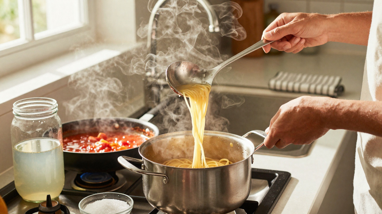 Pessoa a coar esparguete quente numa panela numa cozinha iluminada por luz natural.