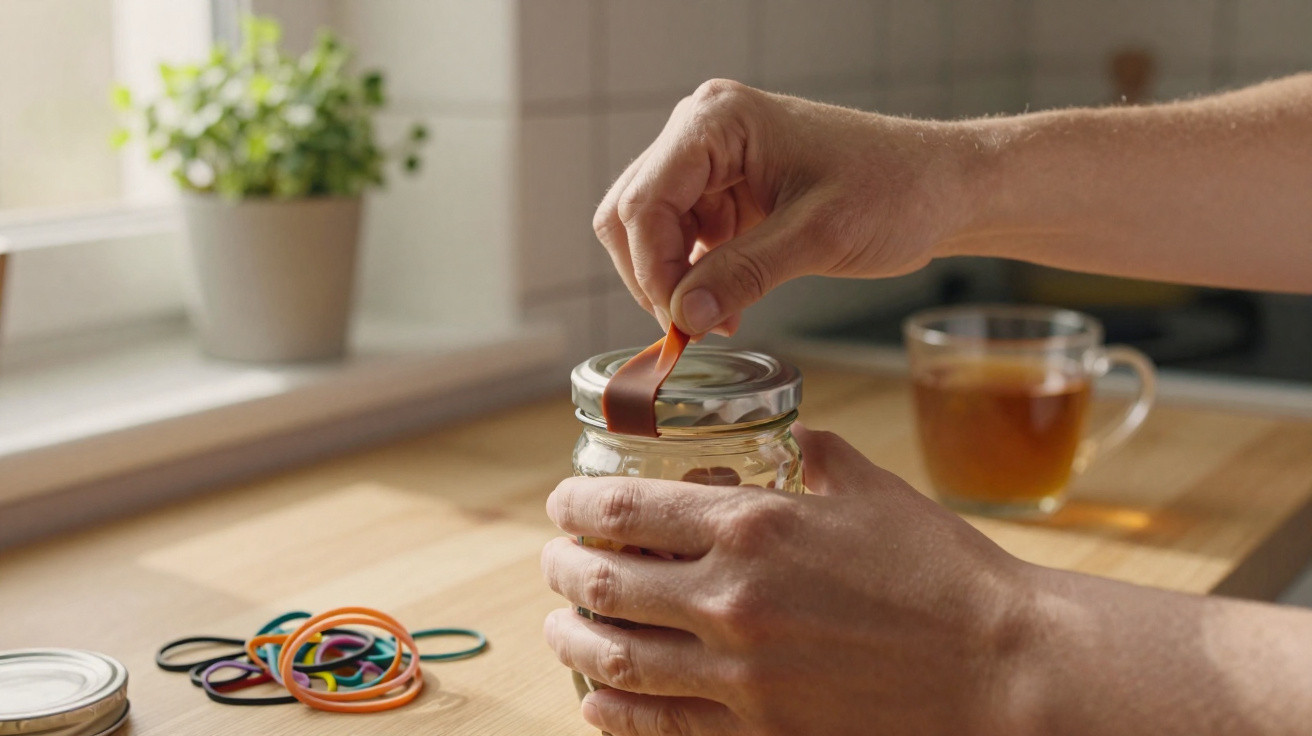 Mãos a abrir um frasco de vidro com elásticos coloridos numa cozinha, com chá numa chávena ao fundo.