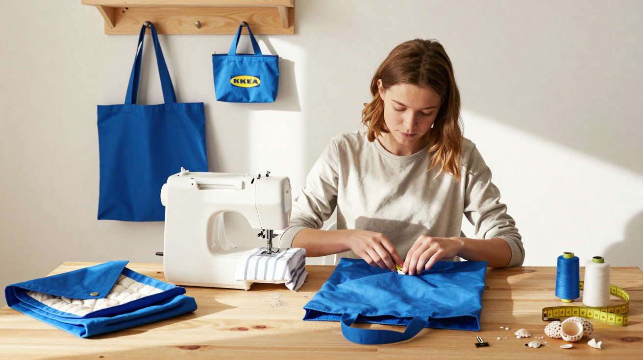 Mulher a coser uma bolsa azul numa mesa com máquina de costura, rolos de linha e fita métrica.