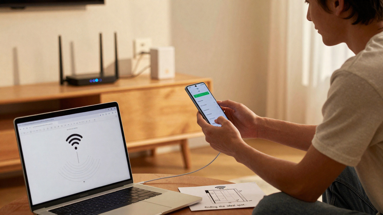 Pessoa a configurar rede Wi-Fi no telemóvel com portátil e router visíveis numa sala iluminada.