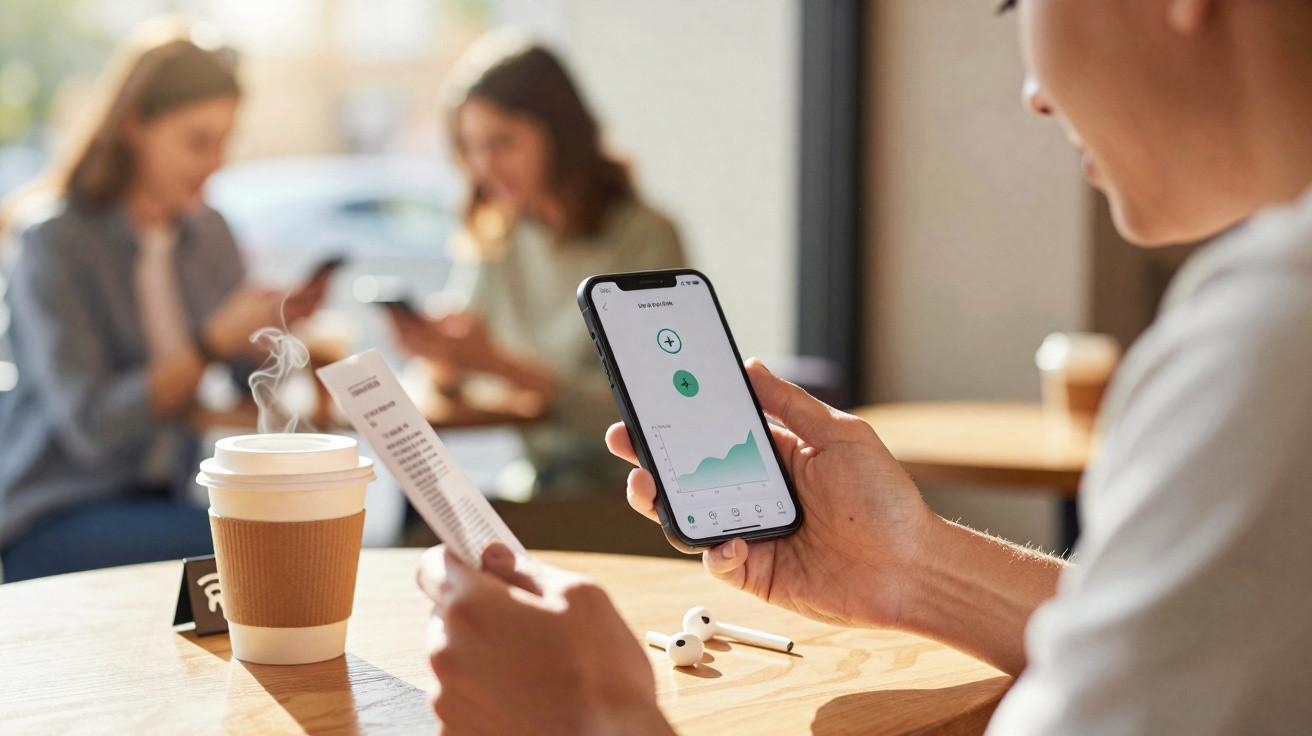 Pessoa a analisar gráfico financeiro no telemóvel, com um café e receita numa mesa de café, outras duas pessoas ao fundo.