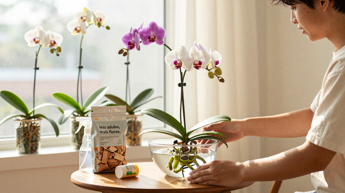 Pessoa a cuidar de orquídea branca e roxa em vaso transparente em mesa junto a janela com outras orquídeas ao fundo.