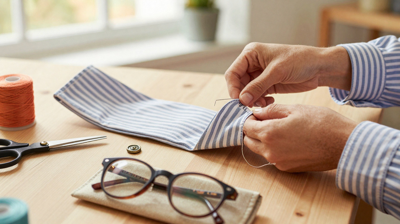 Mãos a coser uma camisa às riscas azuis numa mesa com tesoura, linha e óculos.