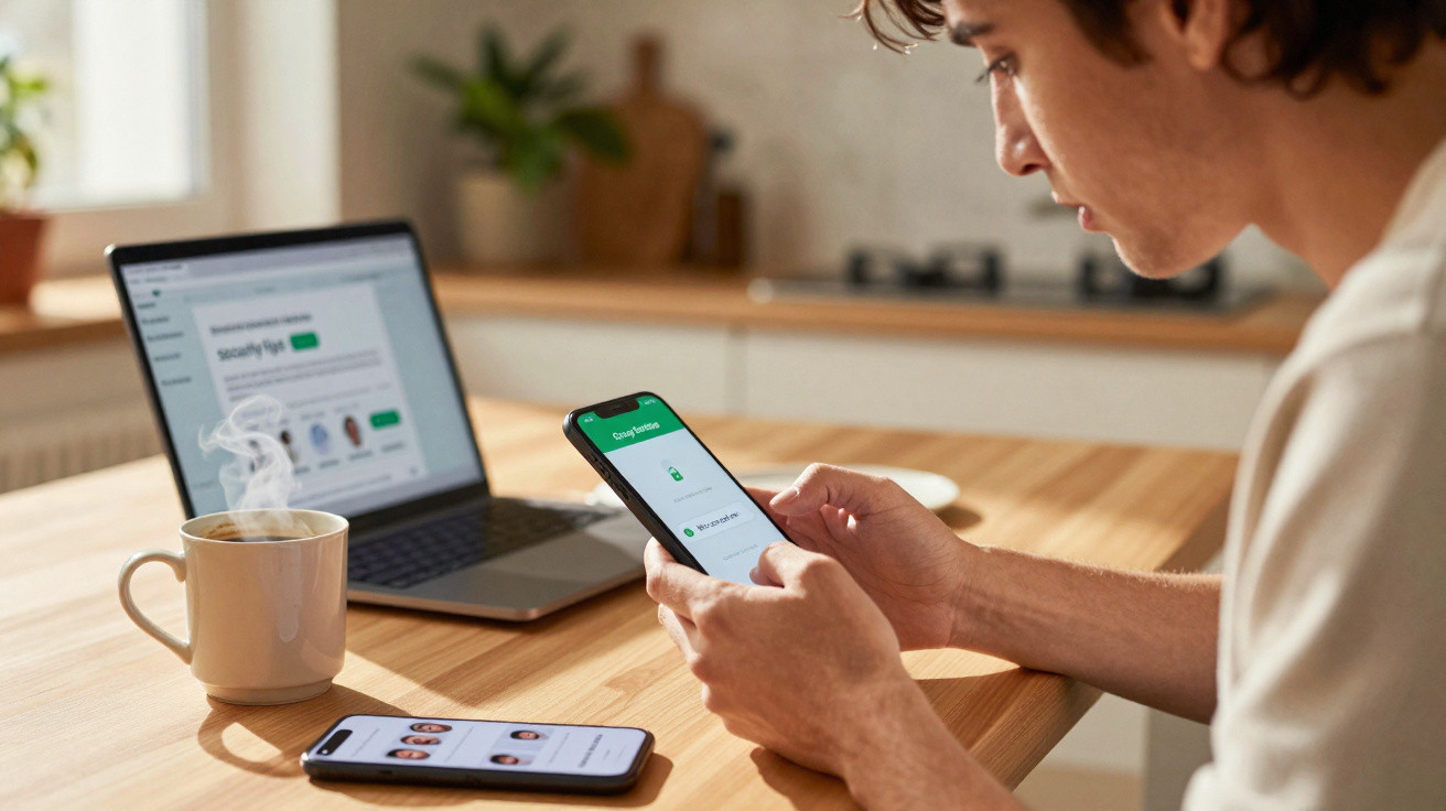 Pessoa segura telemóvel a usar app de segurança com computador portátil e chá na mesa numa cozinha iluminada.