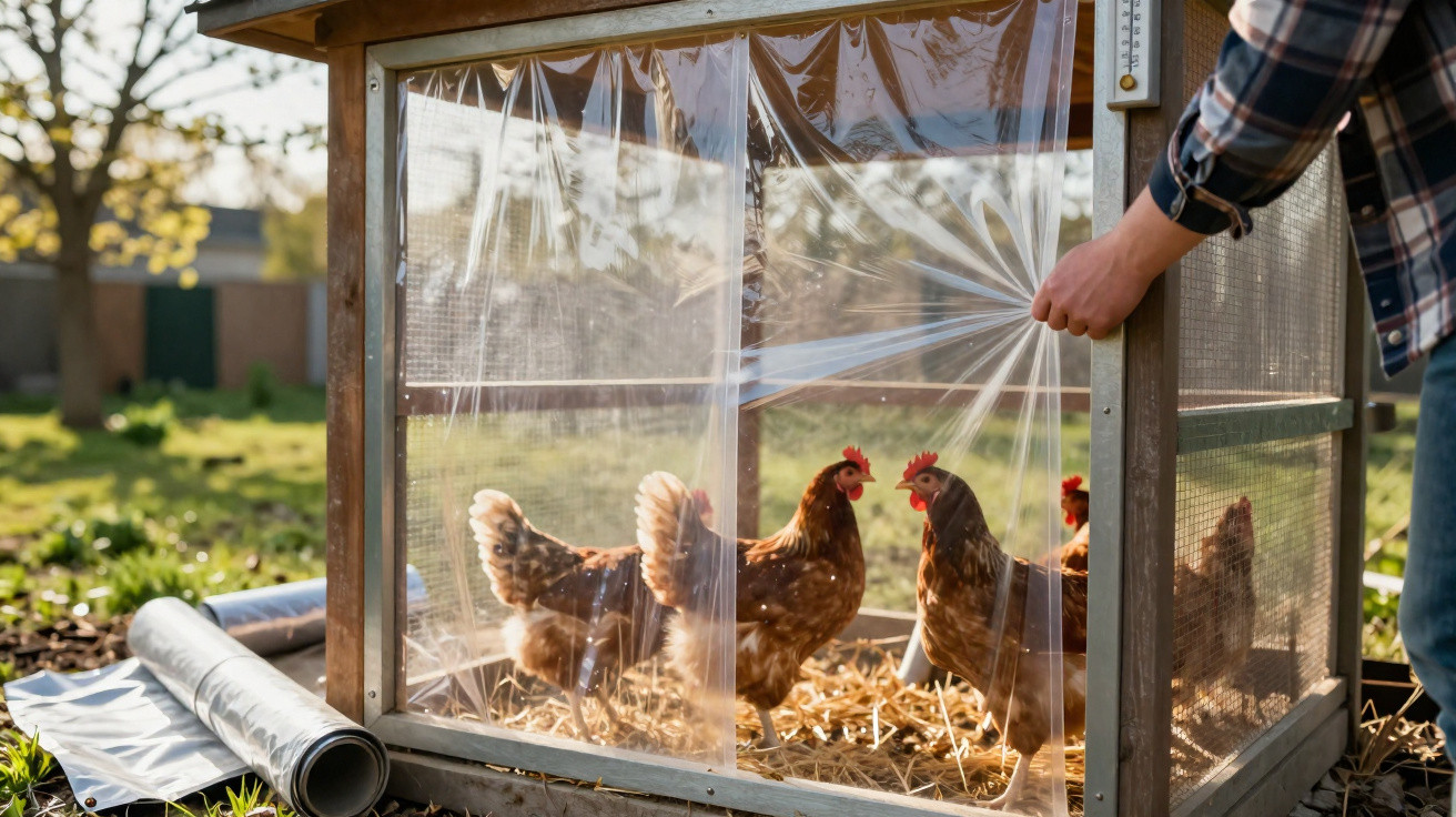 Pessoas a colocar plástico transparente numa pequena galinheiro com galinhas castanhas ao ar livre.