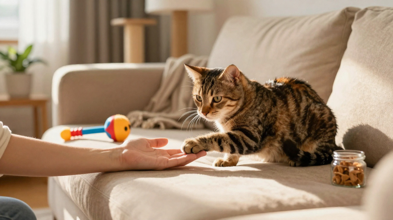 Gato tigrado a tocar com a pata a mão estendida de uma pessoa num sofá claro.