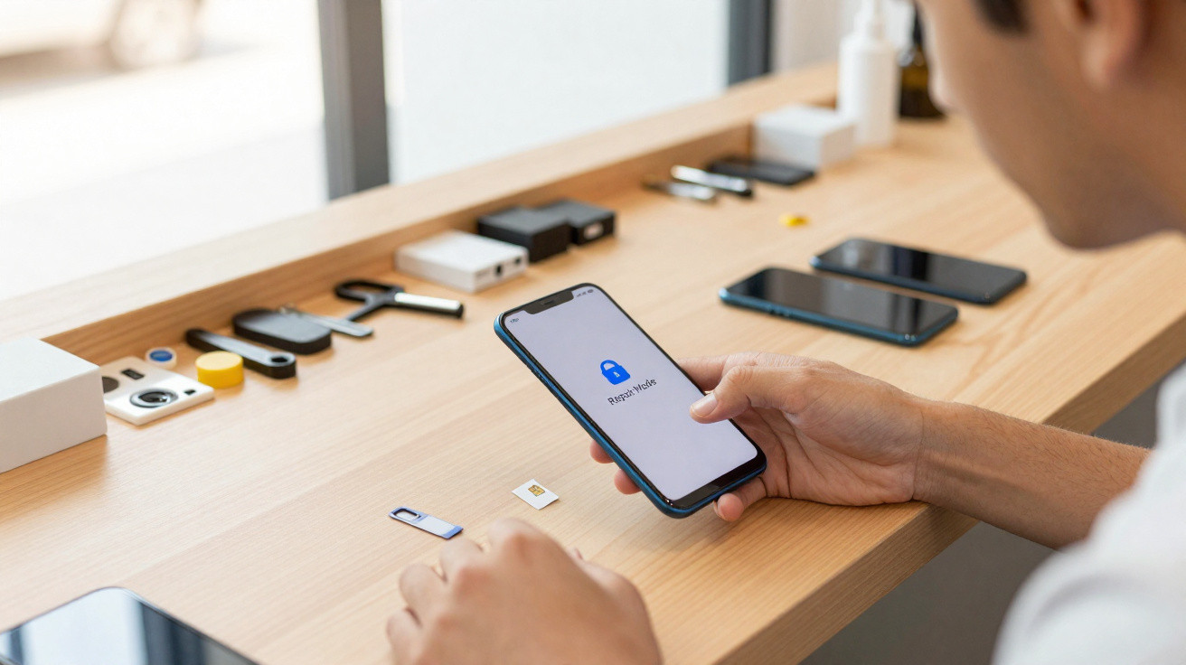 Pessoa segurando telemóvel com ecrã de modo privado ativo, rodeado por acessórios tecnológicos numa mesa de madeira.