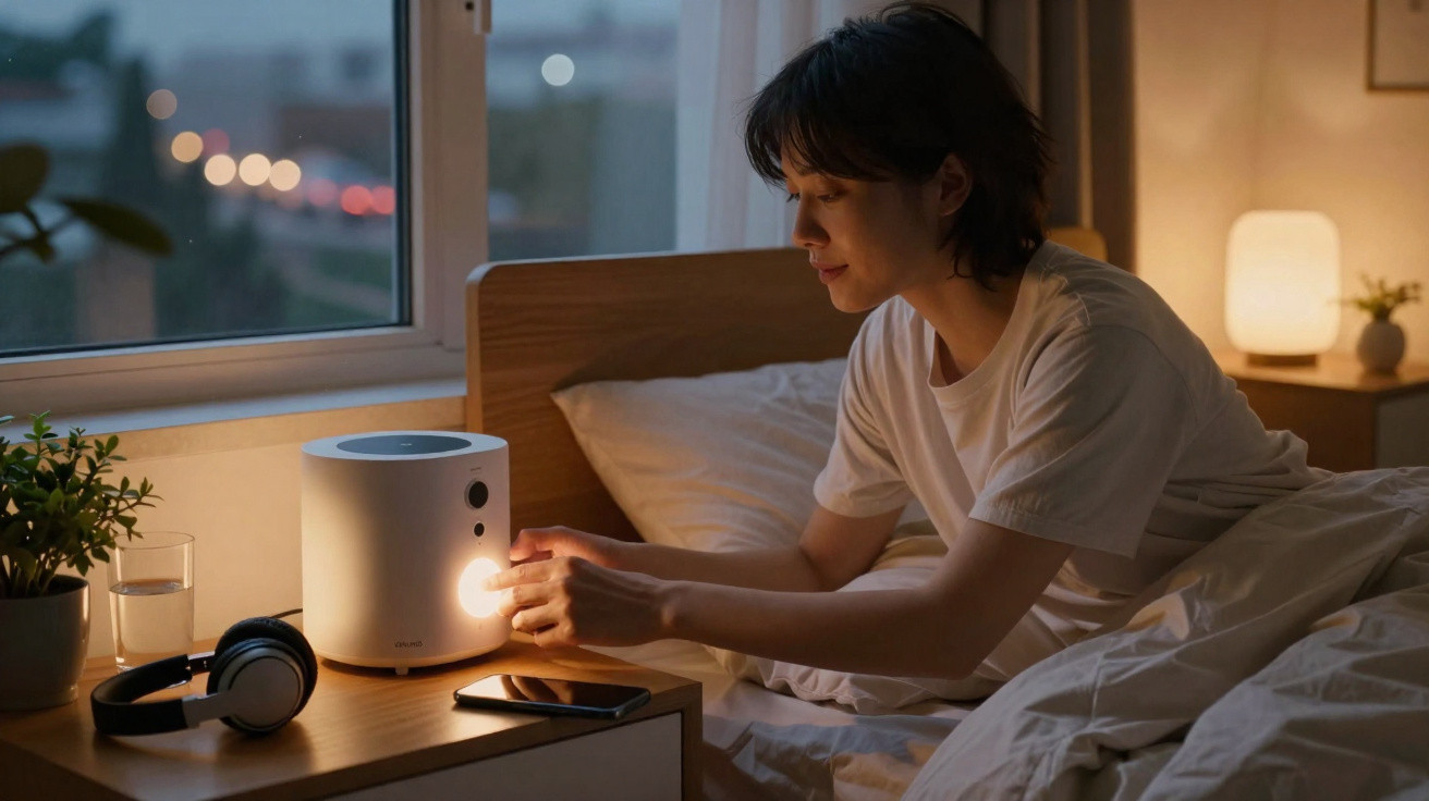 Pessoa acordada na cama ativando luz branca suave em dispositivo num quarto escuro.