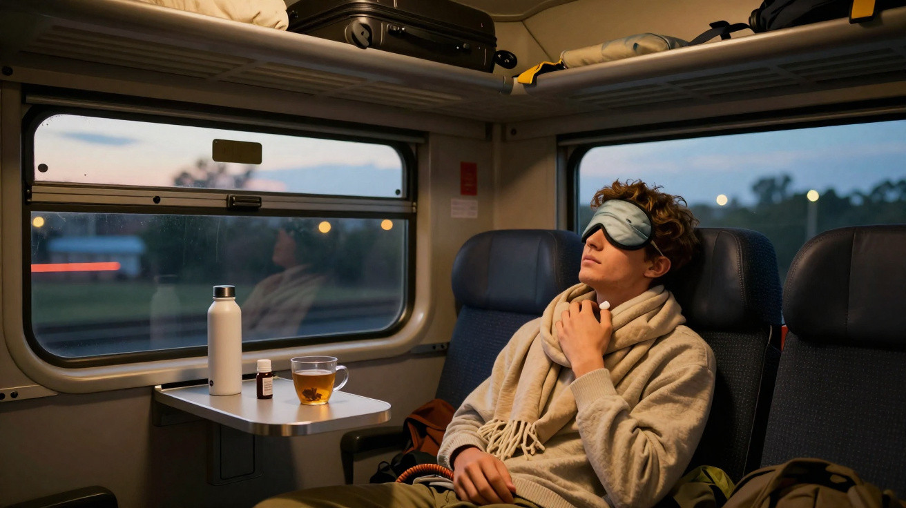 Jovem com máscara de dormir, cachecol e garrafa na mesa, a relaxar num comboio ao entardecer.