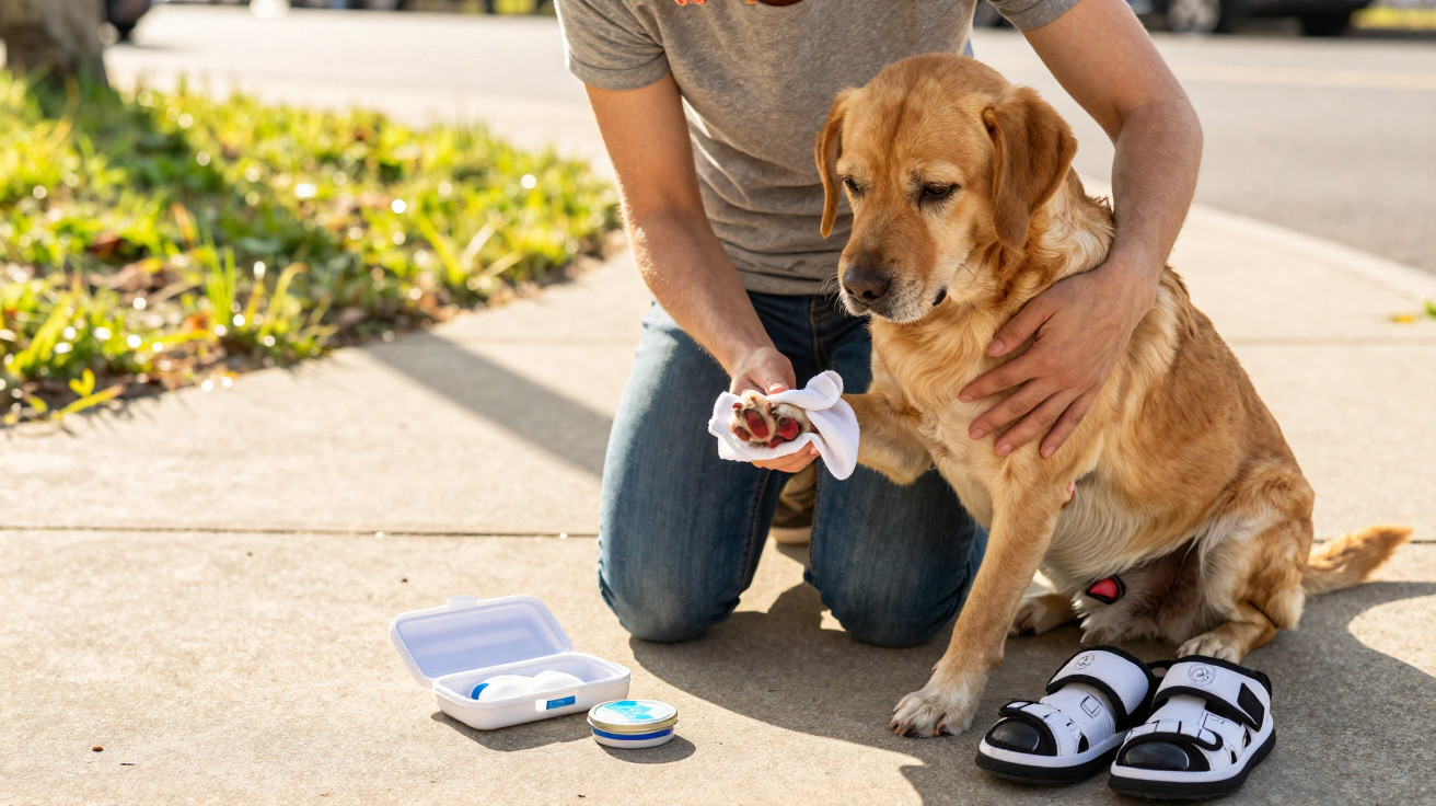 Pessoa limpa a pata de cão castanho com toalhete numa calçada, com kit de cuidados e sapatos para cão ao lado.