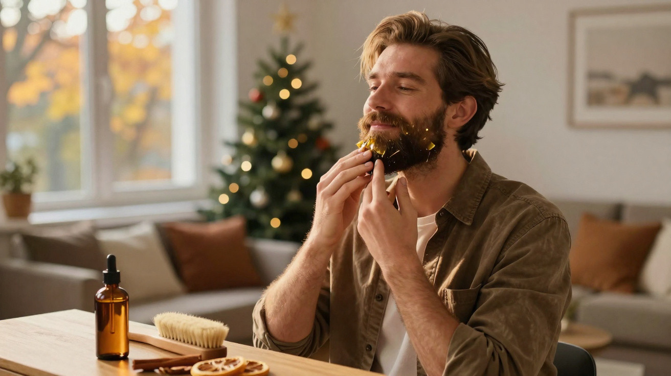 Homem a cuidar da barba com óleo e escova, junto a uma árvore de Natal decorada em casa.