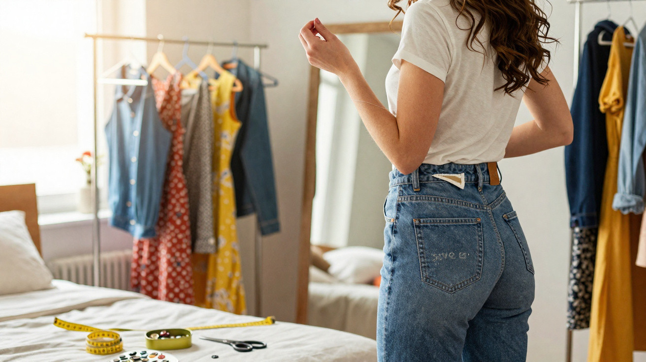 Mulher a provar jeans de cintura alta junto a espelho num quarto com roupas penduradas.
