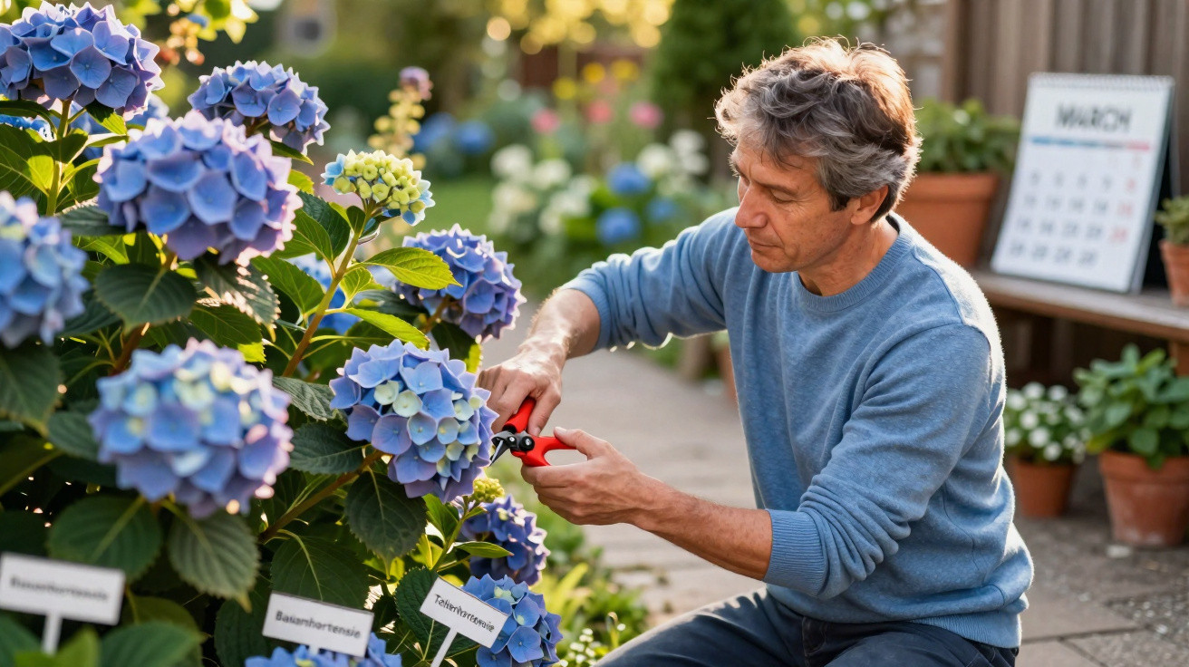 Homem a podar flores de hortênsia azul num jardim com plantas e calendário visível.