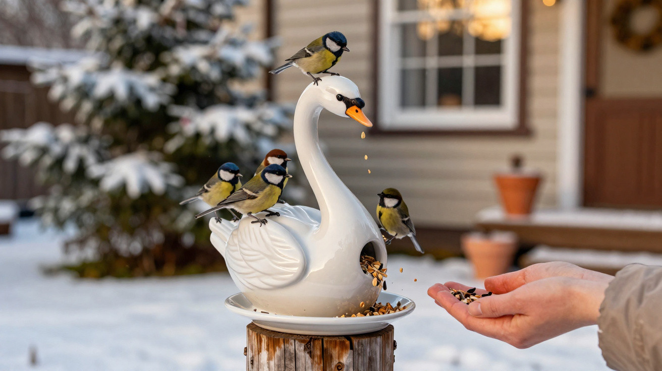 Pássaros pequenos a alimentar-se de sementes numa comedouro em forma de cisne coberto de neve.
