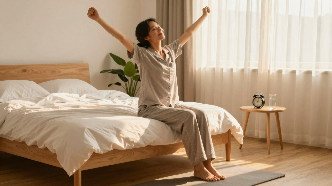 Mulher a espreguiçar-se sentada na cama num quarto iluminado pela luz natural da manhã.