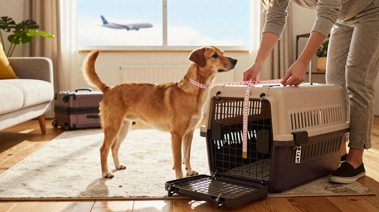 Cão castanho a ser medido com fita métrica junto a transportadora, com mala e avião ao fundo na sala.