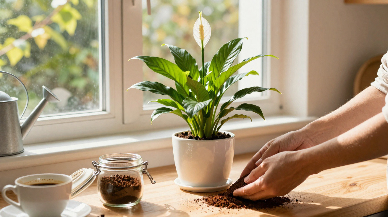 Mãos a espalhar terra junto a planta com flor branca numa jarra, com janela, jarro e chávena na bancada.