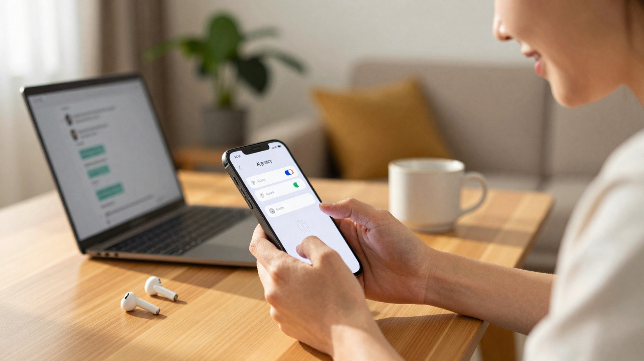 Pessoa a usar um smartphone com opções de ativar Wi-Fi, perto de um portátil, auriculares e uma chávena numa mesa de madeira.