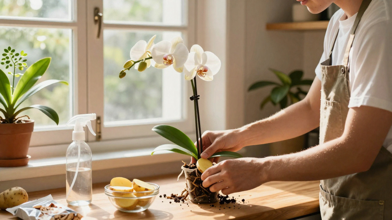 Pessoa a transplantar uma orquídea branca numa mesa junto à janela com várias ferramentas de jardinagem.