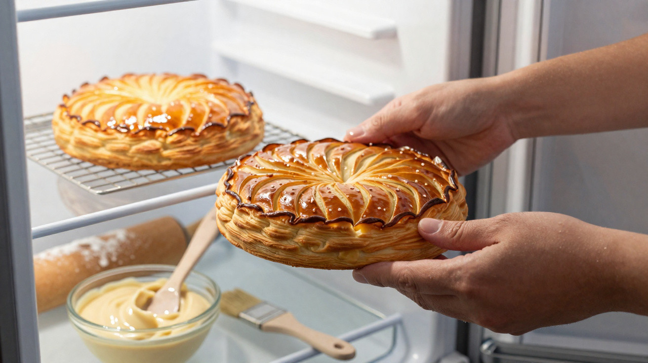 Duas galettes des rois douradas, uma a ser colocada na prateleira de um frigorífico.