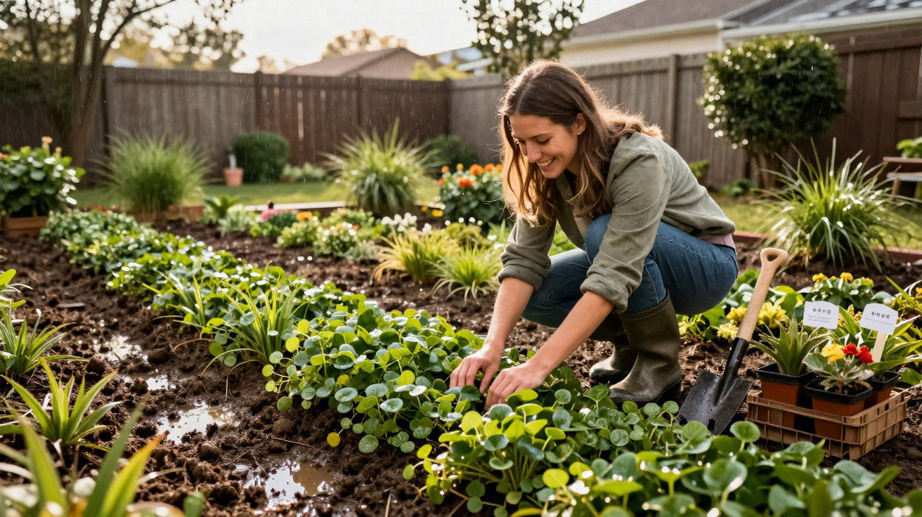 Mulher sorridente a cultivar plantas verdes num jardim bem cuidado com ferramentas e flores ao lado.