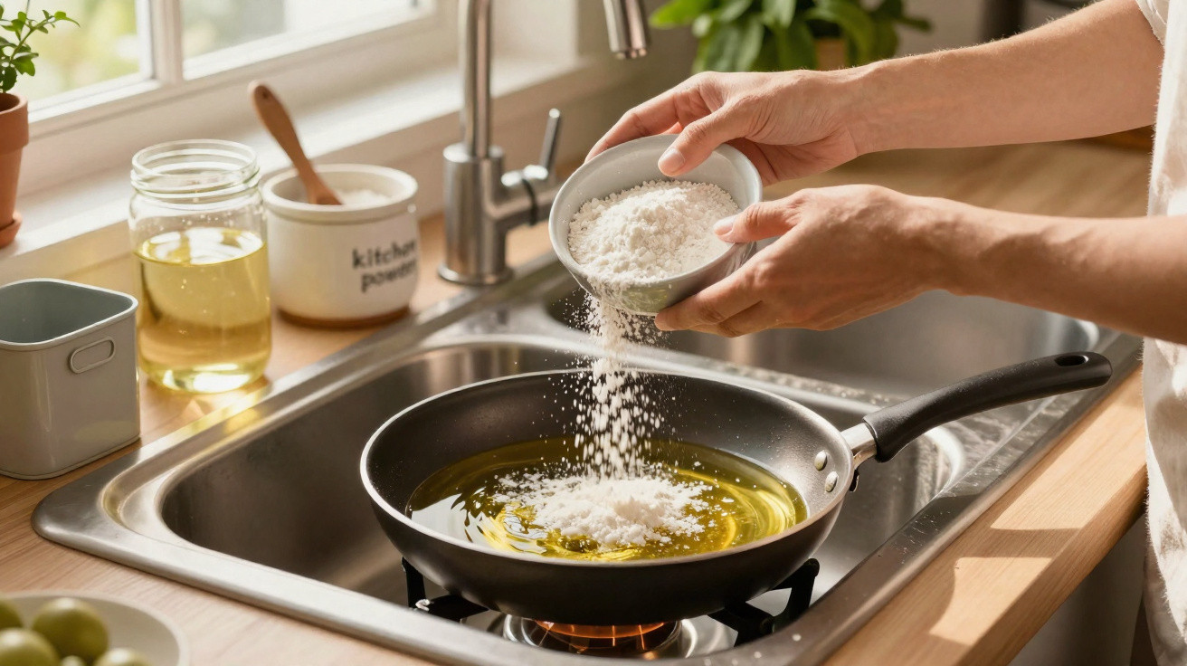 Mãos a adicionar farinha numa frigideira com óleo quente numa cozinha com lava-loiças e jarros ao fundo.