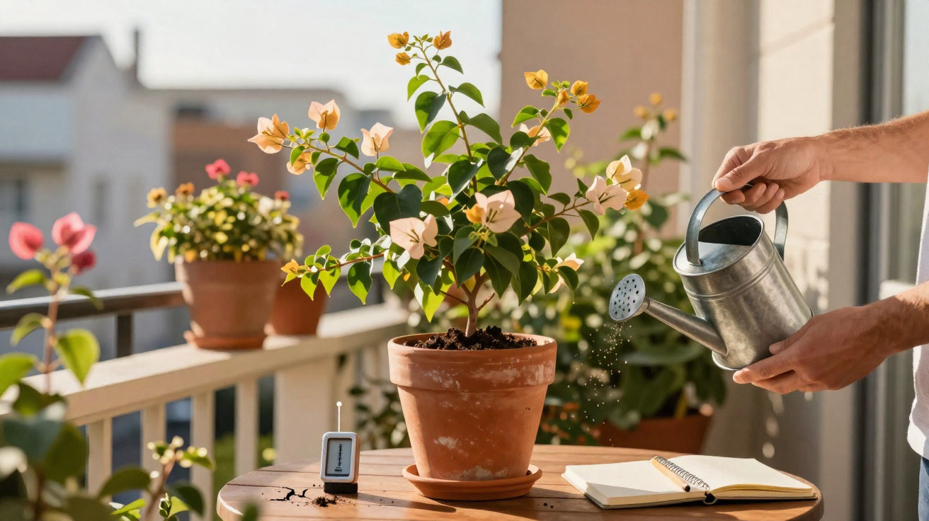 Pessoa a regar planta com flores amarelas num vaso de barro num terraço com outras plantas ao fundo.