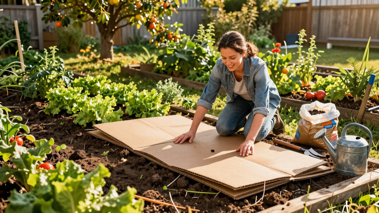 Mulher a preparar canteiro com cartão para plantar numa horta de jardim ao ar livre, rodeada de vegetais.