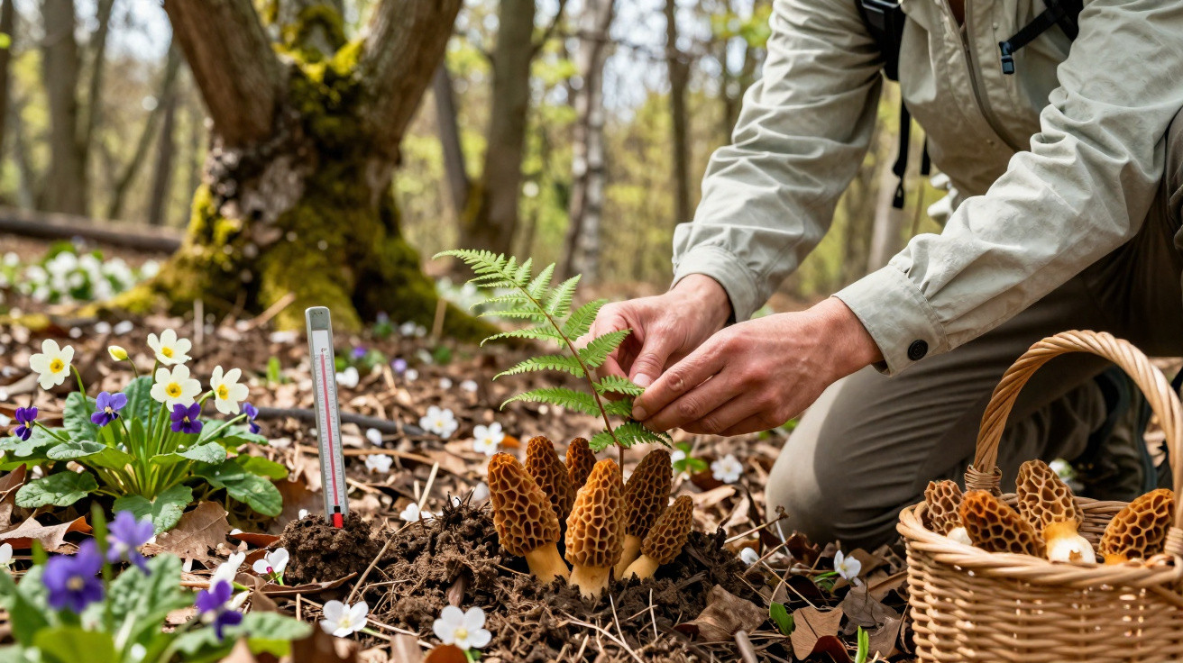 Pessoa a colher cogumelos morel no chão da floresta rodeada de flores silvestres e termómetro no solo.