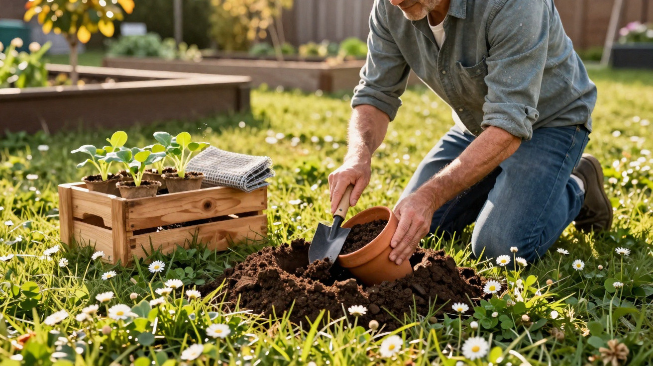 Homem adulto a preparar vaso com terra num jardim florido, com caixa de plantas jovens ao lado.