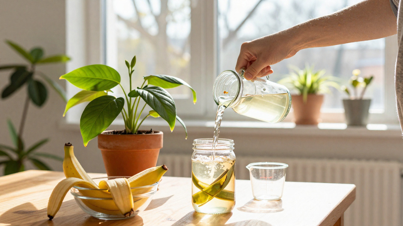 Pessoa a verter água numa jarra com fatias de pepino sobre uma mesa com bananas e plantas em vasos.
