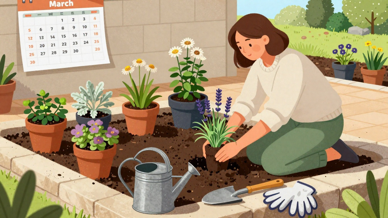 Mulher a plantar flores numa jardinagem em cova, com regador, luvas e enxada ao lado, calendário de março ao fundo.