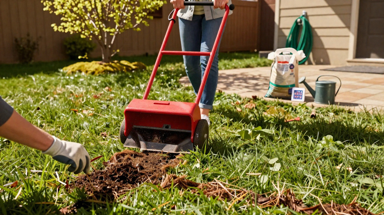 Pessoa a usar um arejador de relva manual num jardim com relva e algumas ferramentas no chão.