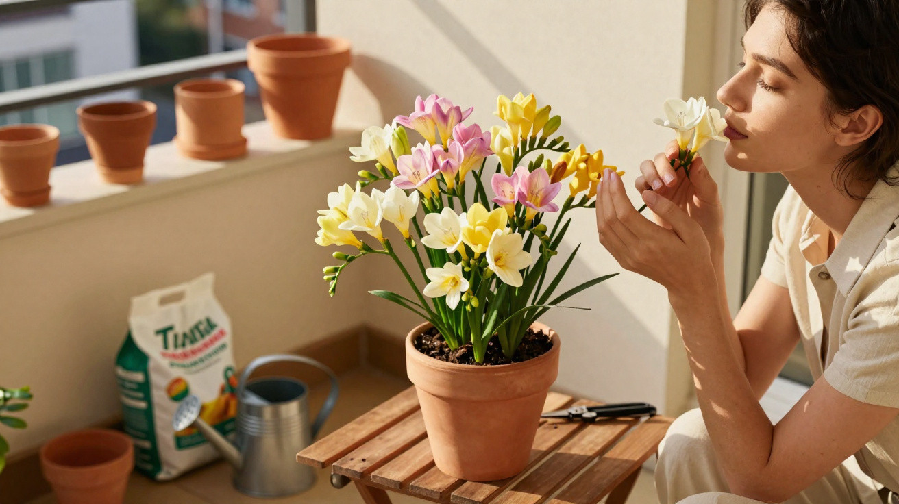 Mulher cheira flores coloridas num vaso de barro numa varanda com utensílios de jardinagem ao fundo.