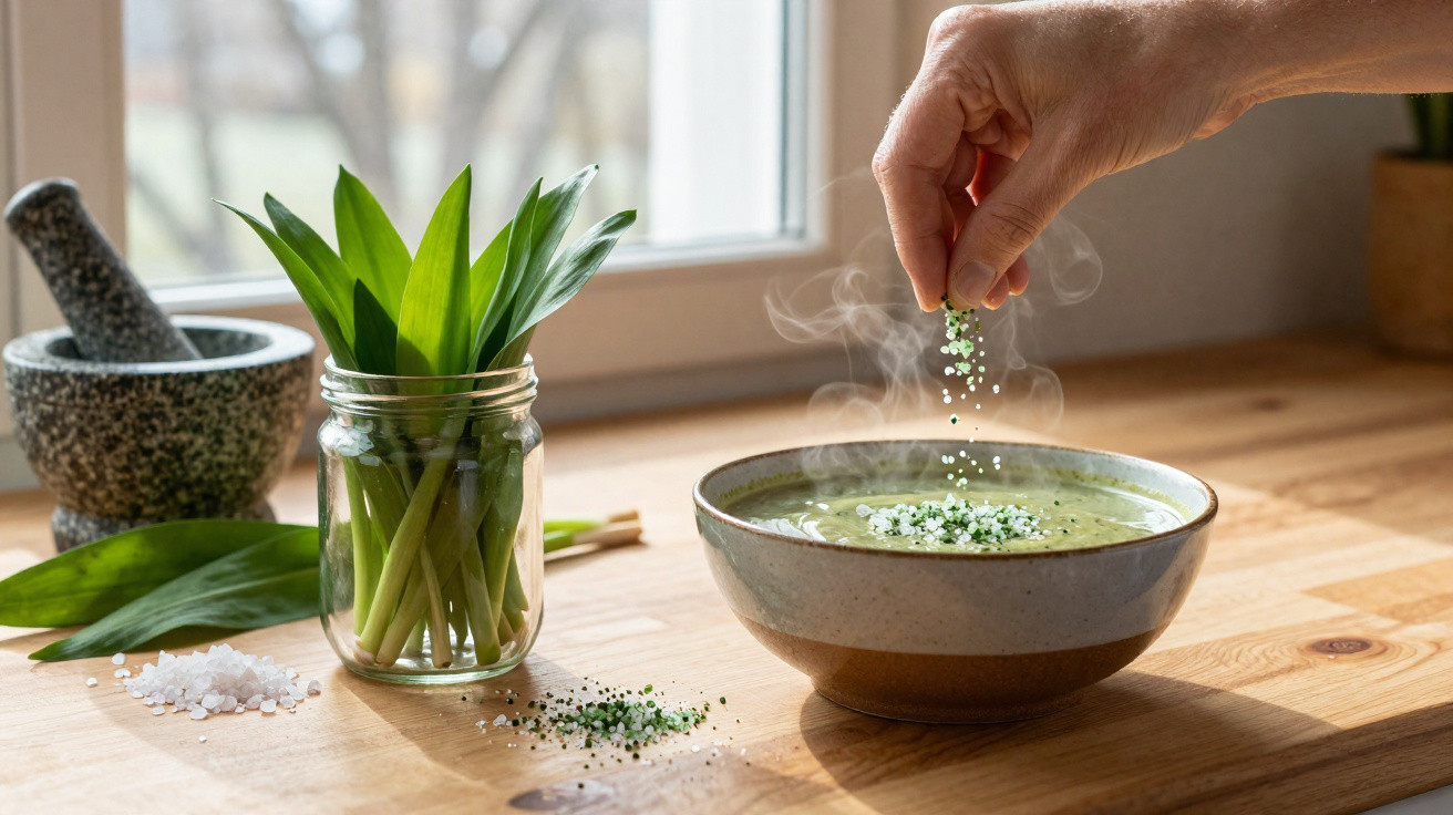 Pessoa a polvilhar ervas frescas em sopa quente numa tigela sobre uma mesa de madeira junto à janela.
