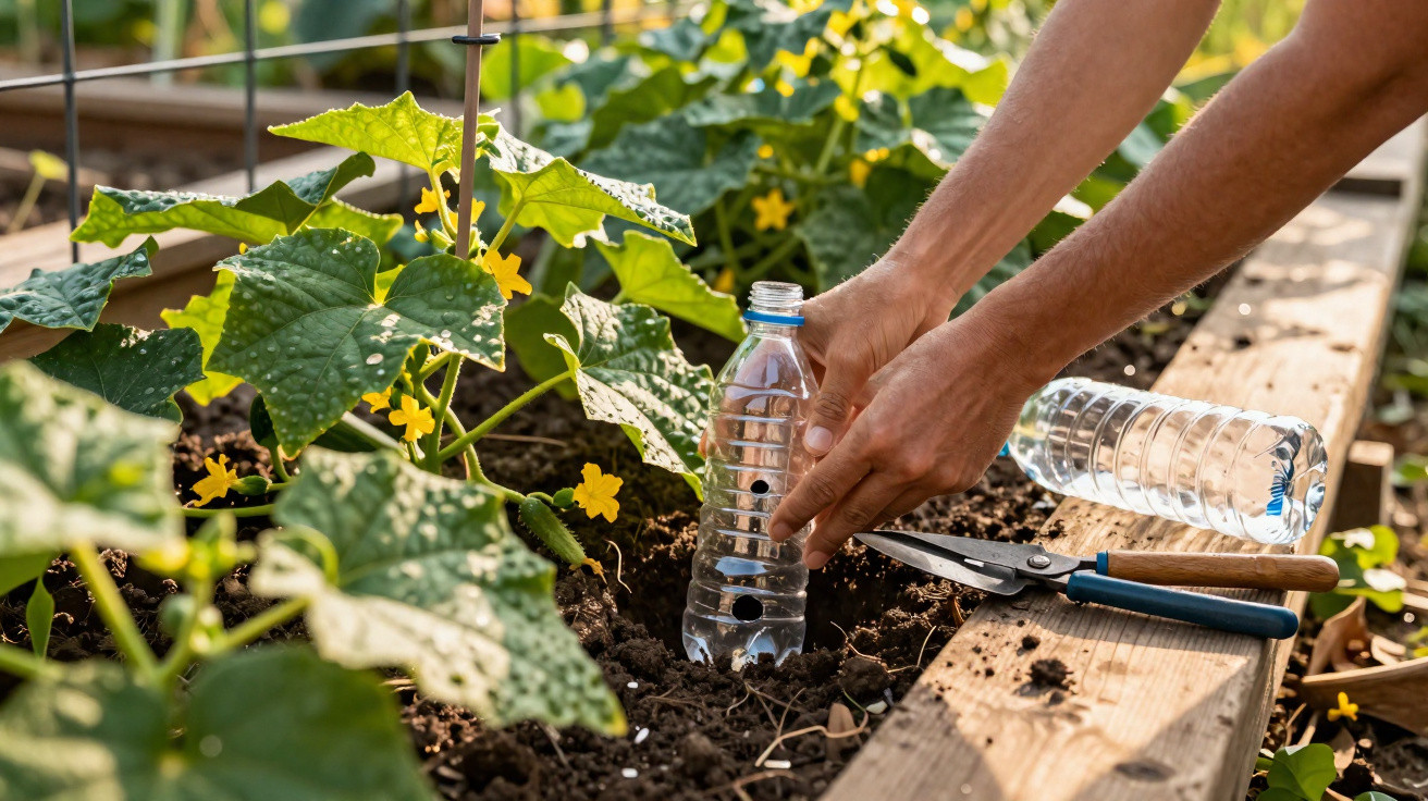 Mãos a criar rega lenta com garrafa perfurada em planta num canteiro de jardim com tesoura ao lado.