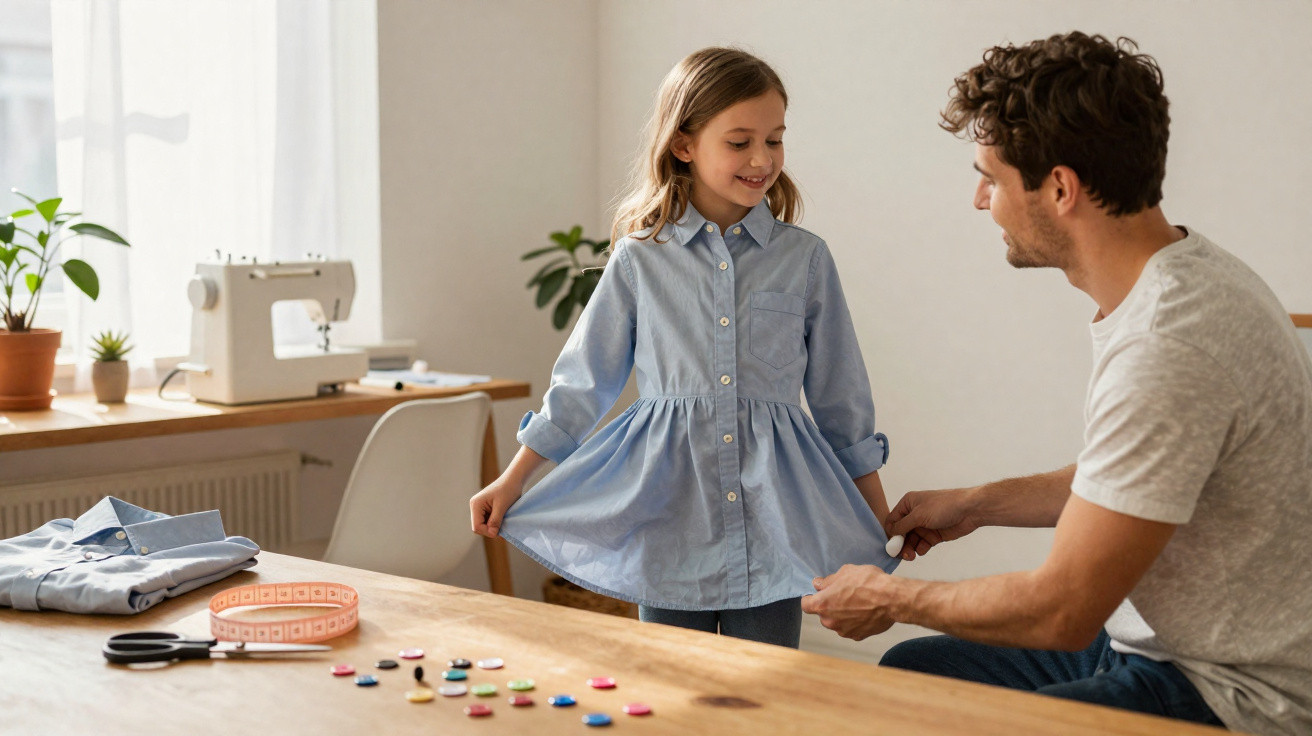 Pai ajusta vestido azul em filha enquanto estão em mesa com botões, fita métrica e máquina de costura.