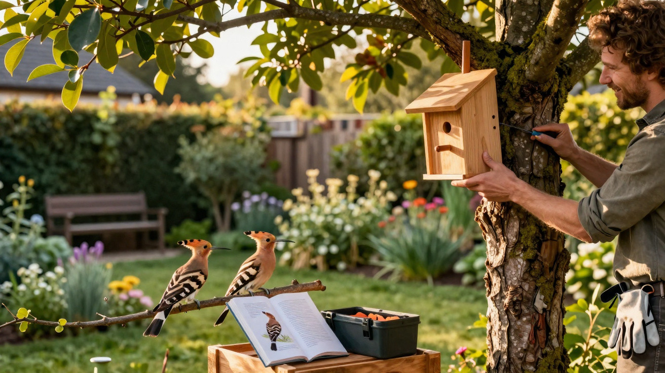 Homem a instalar uma casa para pássaros numa árvore, com dois pássaros e livro de observação no jardim.
