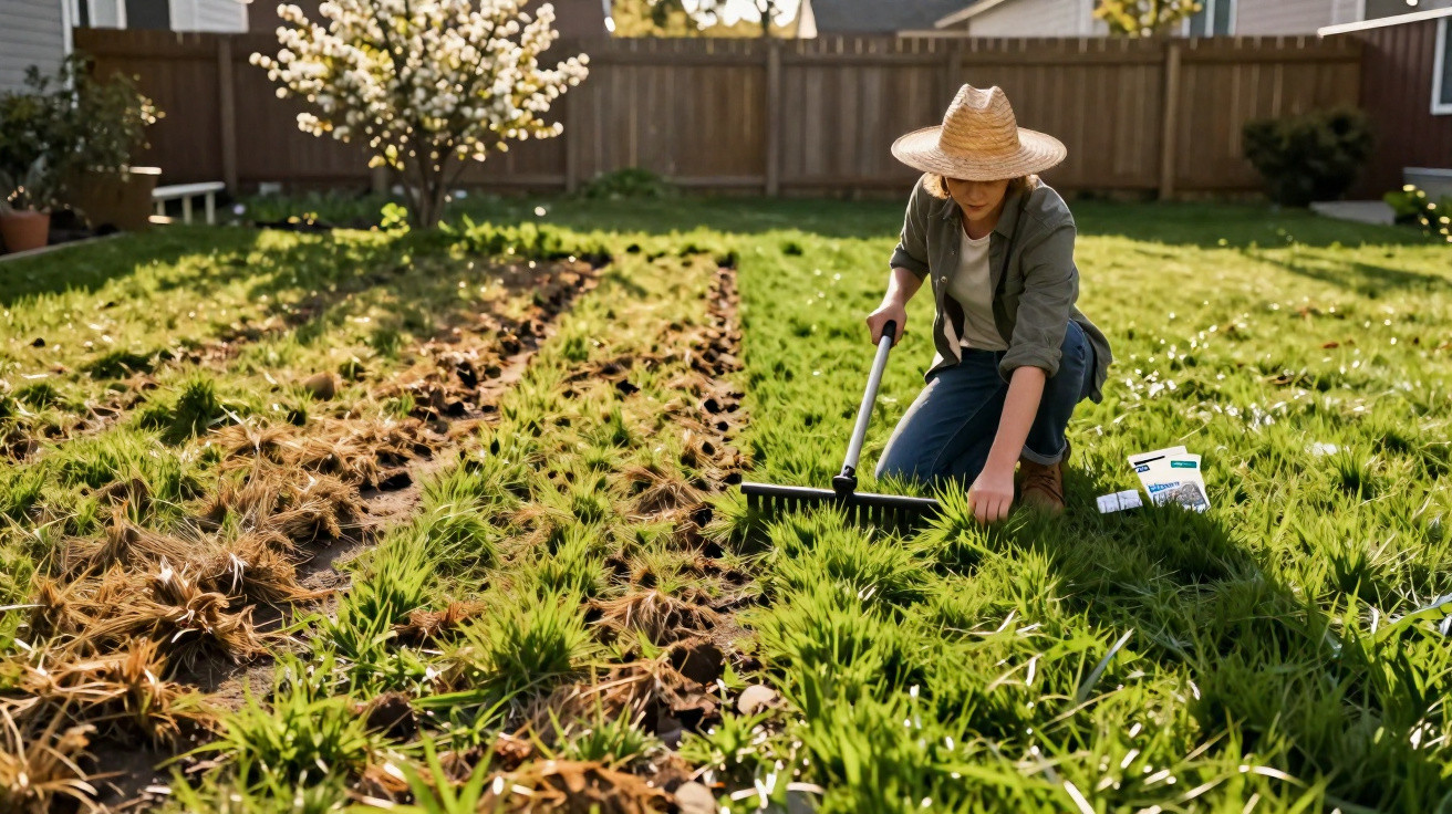 Pessoa com chapéu de palha a cultivar uma horta num jardim com árvore florida ao fundo.