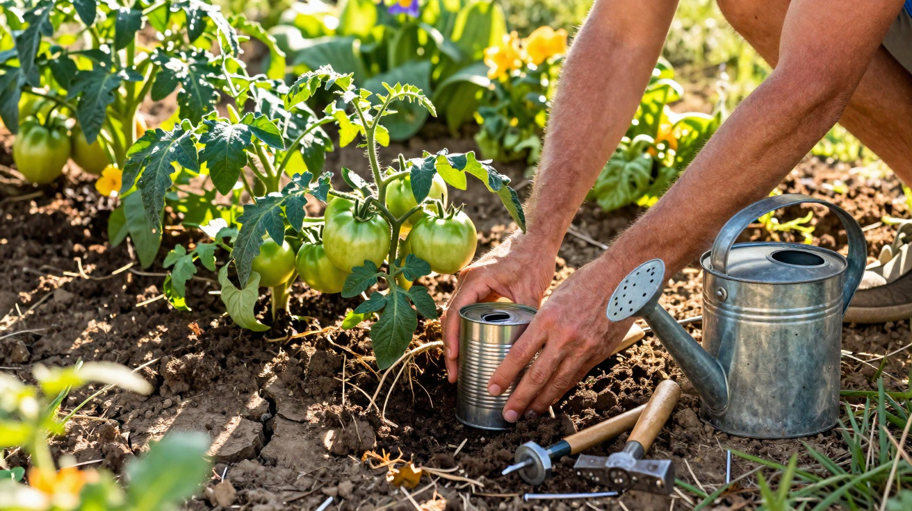 Pessoa a plantar ou cuidar de tomates verdes num jardim, com regador e ferramentas no chão.
