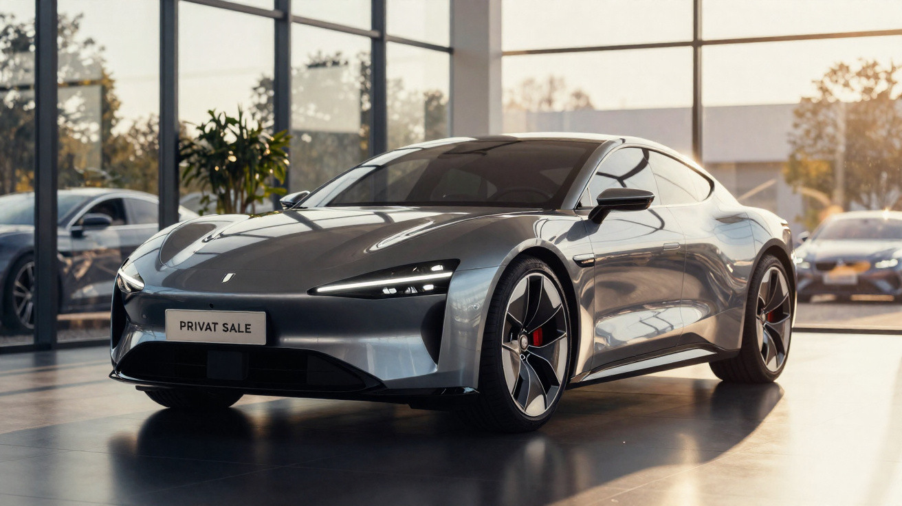 Carro desportivo elétrico cinzento metálico numa sala de exposição com janelas grandes e muita luz natural.