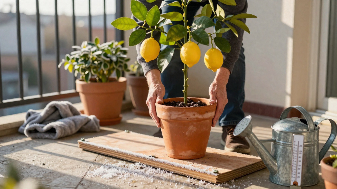 Pessoa a cuidar de uma planta de limão num vaso de terracota num terraço com regador metálico ao lado.