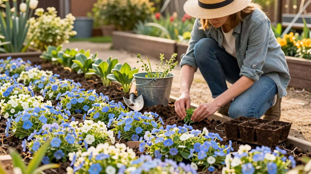 Mulher com chapéu a plantar flores azuis e brancas num jardim ensolarado.