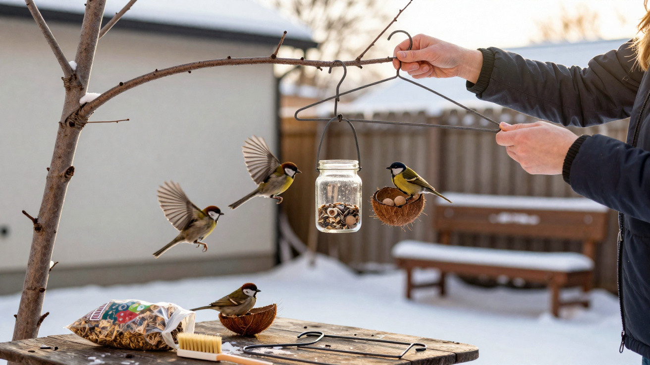 Mãos penduram alimentador para pássaros com sementes numa árvore, três pássaros aproximam-se a voar no jardim com neve.
